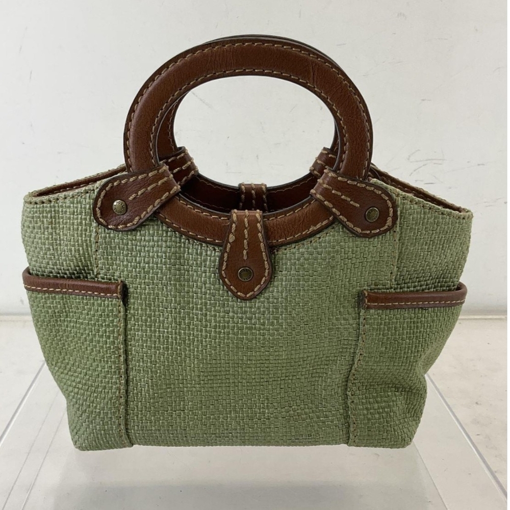Vintage Fossil SL9689 Green Woven Satchel with Leather Circle Handles